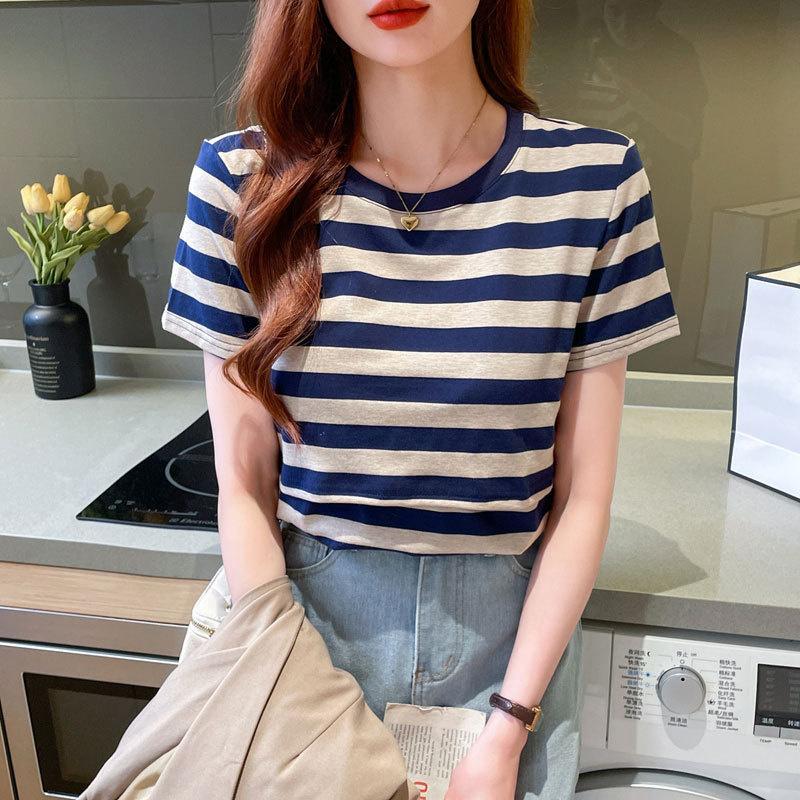 

New trendy maternity clothing for breastfeeding, versatile pure cotton T-shirt top, postpartum breastfeeding short sleeved striped jacket M