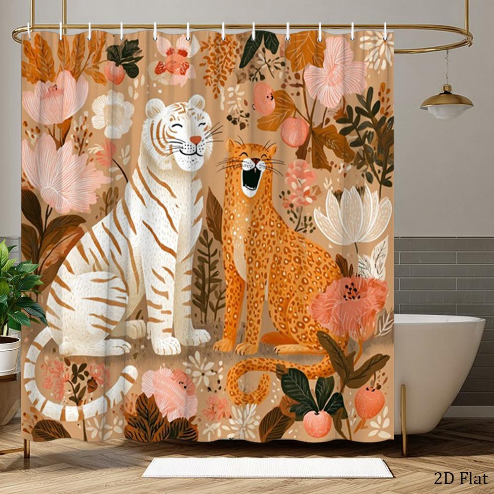 Cute Tiger and Leopard Shower Curtain Cartoon Animals with Floral Leaves, Nature-Themed Bath Curtain for Kids and Home Decor
