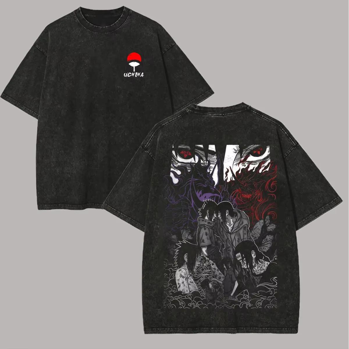 

Sasuke Shirt Naruto Men Acid Wash Uchiha Brothers Anime Graphic Cotton Streetwear Back Print Sharingan Eye Vintage Ins Yk XL
