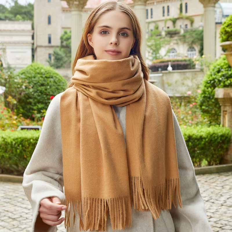 Fular Gros de Lână Culoare Solidă Unisex Fular de Iarnă cu Franjuri de Cașmir Cald Rezistent la Vânt Înfășurare Plaid pentru Femei & Bărbați