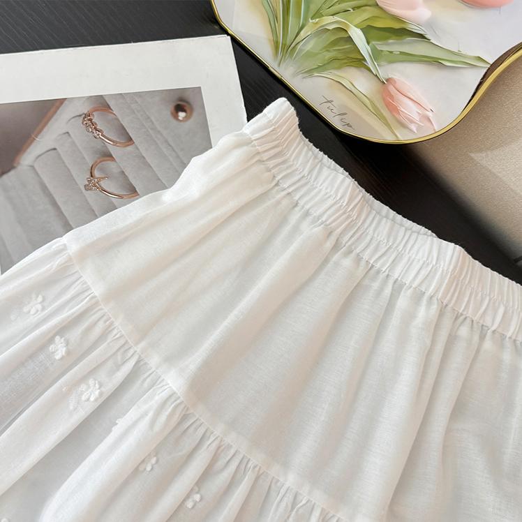 DIMANAF 2025 Summer Women New Skirts Flower Vintage Elastic Pleated Elegant White Skirts Lace High Waist