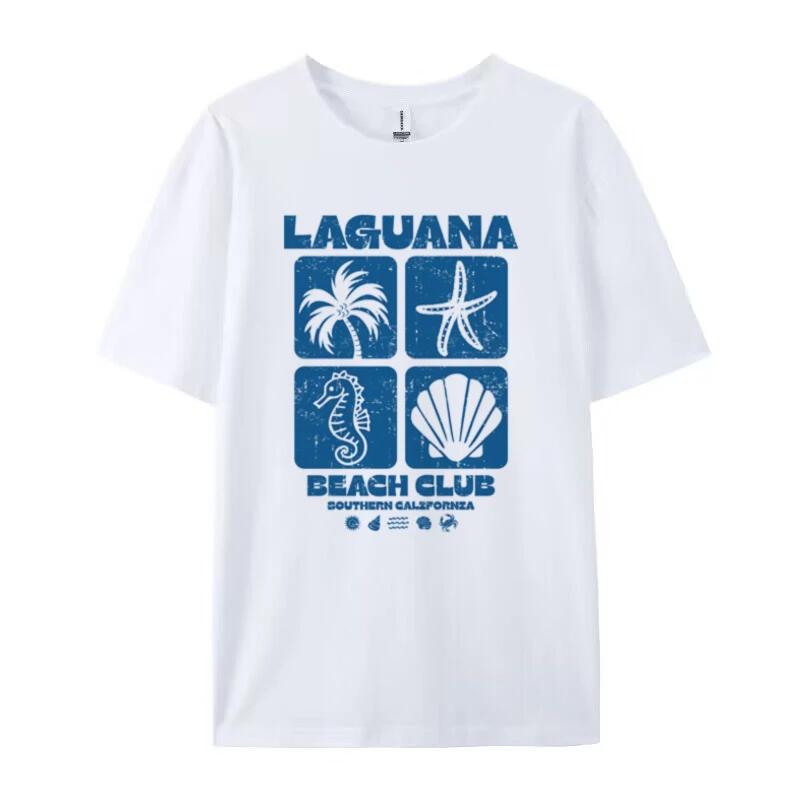 

Летняя Бохо Футболка Laguana Beach Club Ретро Прибрежная Пляжная Футболка Эстетичная Футболка с Ракушками и Морскими Звездами Женские Оверсайз Топы для Отпуска S