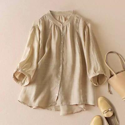 Women's Summer Stand-up Collar Cotton Linen Five-quarter Sleeve Shirt Solid Colour Temperament Literary T-shirt