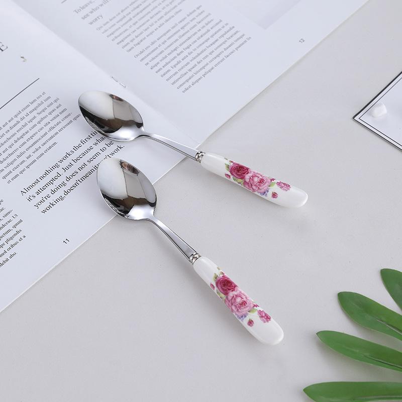Floral ceramic handle fork rice spoon tableware stainless steel soup coffee ice spoon dessert household mixing spoon 5pcs