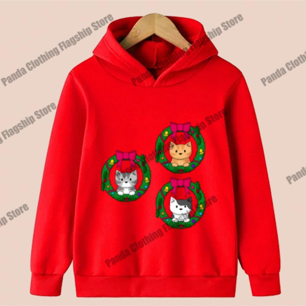 Christmas Children's Sports Hoodie with Christmas Cat Print, Simple Casual Sweatshirt for Boys and Girls, a Holiday Gift.