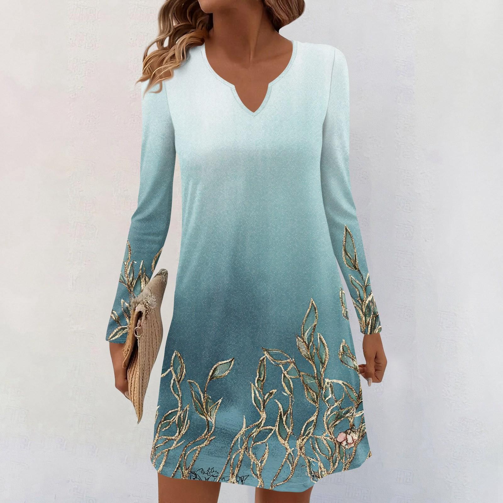 

Женские повседневные миди-платья с длинным рукавом, V-образным вырезом и принтом M циан