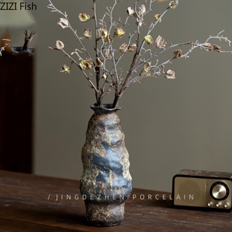 Mottled Coarse Ceramic Vase Vintage Handicrafts Plant Pot Table Decoration Flowers Arrangement Floral Vases Room Aesthetic Decor