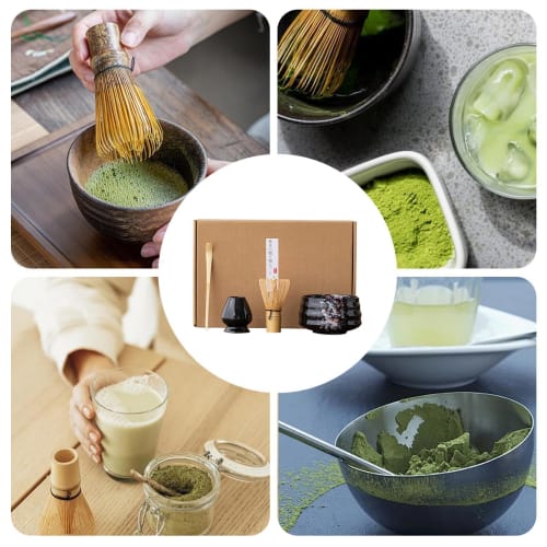 This 4-piece tea ceremony set includes a tea whisk, a 100-piece tea whisk holder, a straightening tool, a tea scoop, and a matcha bowl. It's compact a