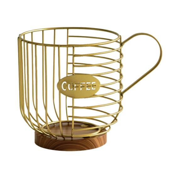 Metal Wire Cup Storage Basket with Wooden Base Coffee Mug Shape Hollow Out Organizer for Home Cafe Bar Countertop Kitchen Decor