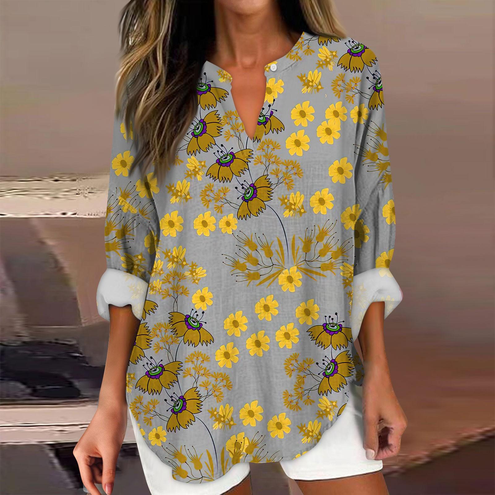 

Женские модные повседневные топы с v-образным вырезом и длинным рукавом с цветочным принтом XL жёлтый