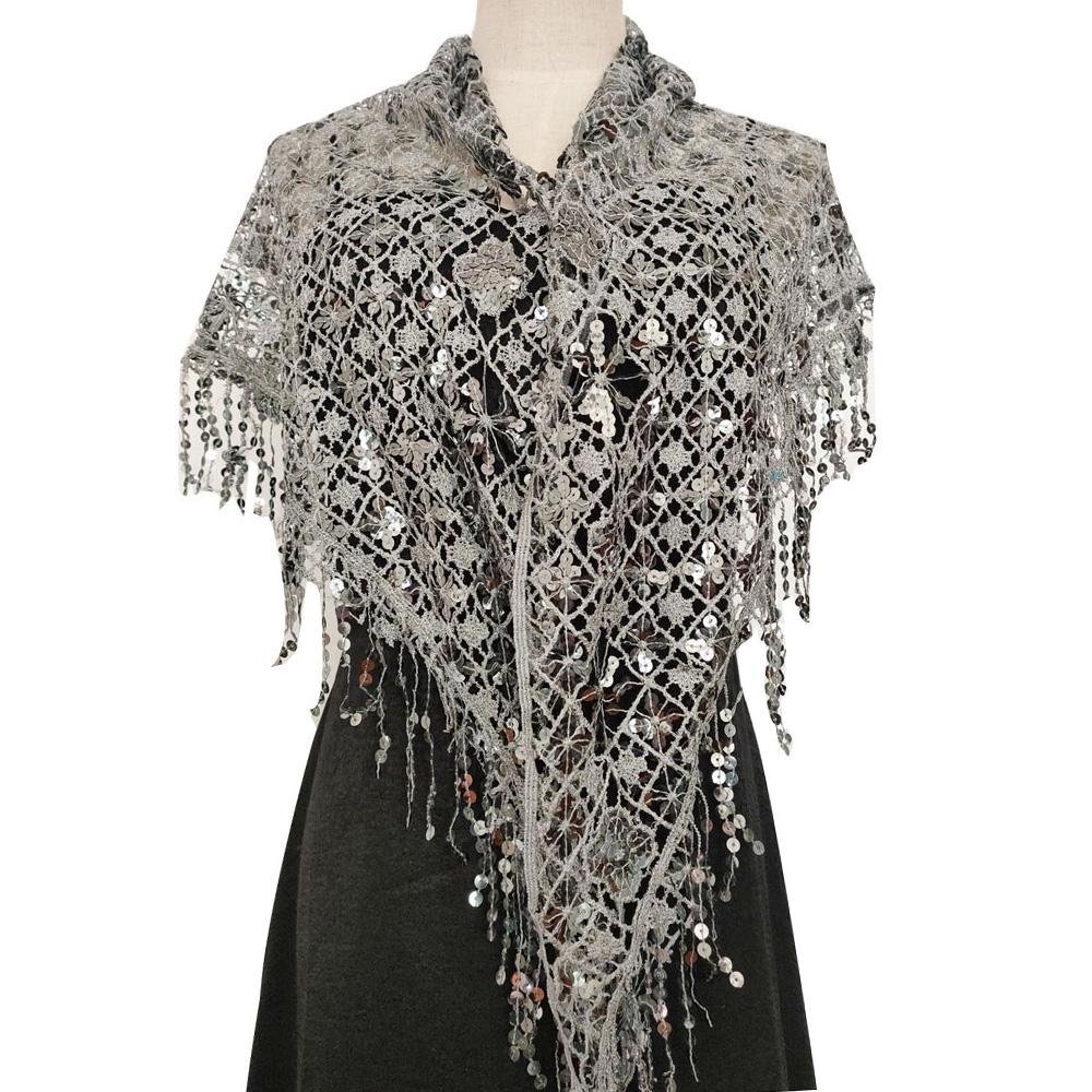 Hollow Triangle Sequin Lace Shawl Bridal Wedding Women Luxury Party Wrap Female Shiny Glitter Stole Club Scarf with Tassel