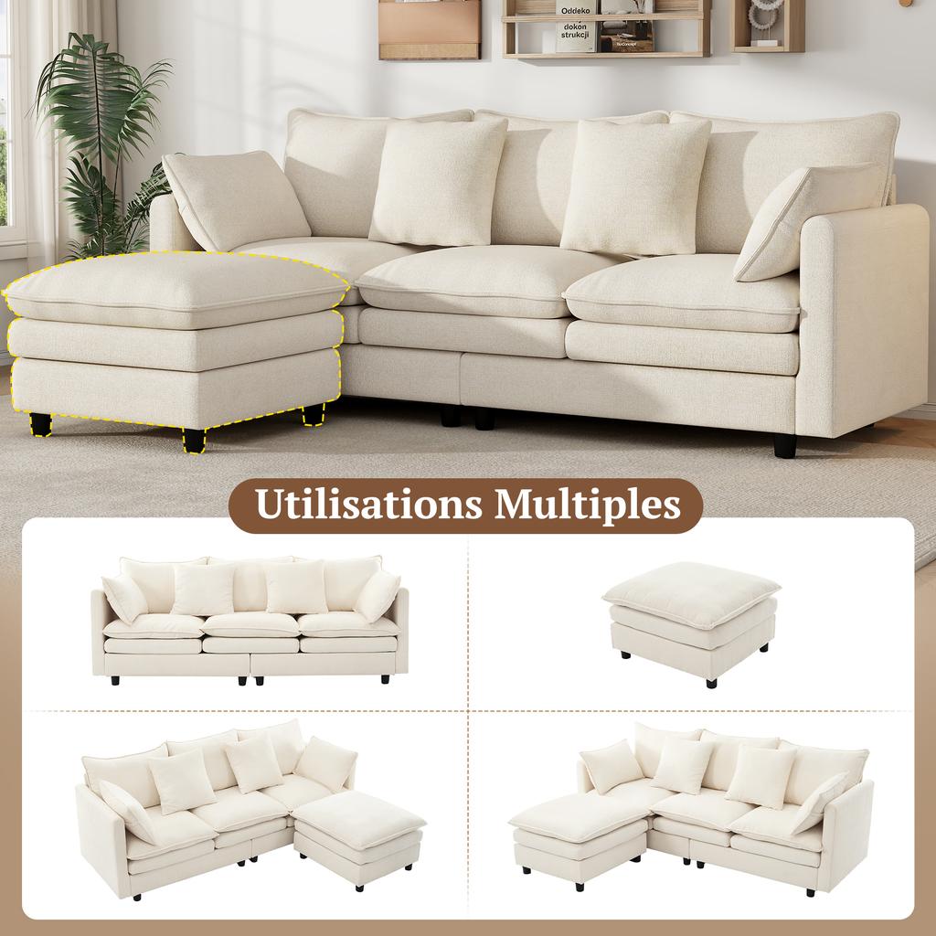 L-Shaped Corner Sofa with 4 Cushions and 3 Backrests, 3-Seater Sofa with Chaise Longue, Capacity Up To 120 Kg, Living Room Sofa 212×150×90 Cm, Beige