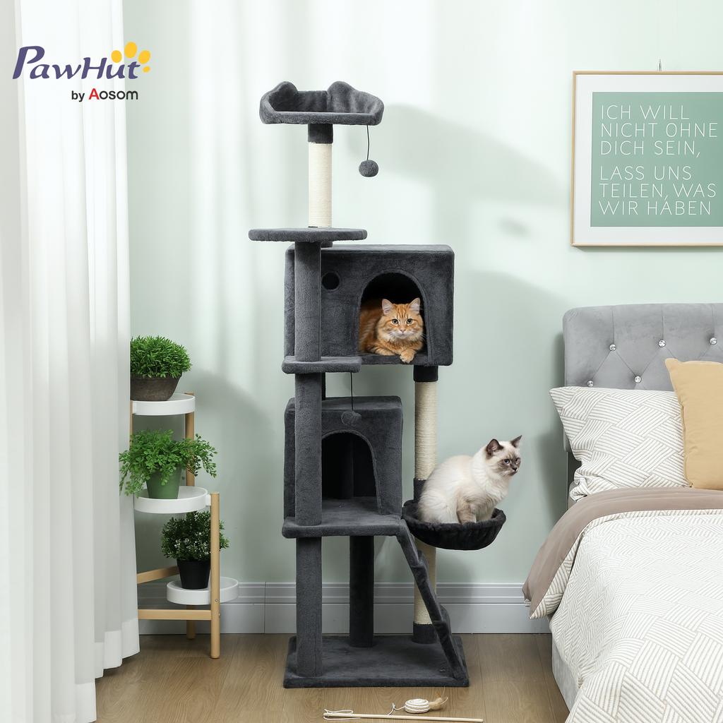 160cm Large Cat Tree Tower with Sisal Scratching Posts, Condos, Plush Perches, Hammock, Ladder, Dark Grey