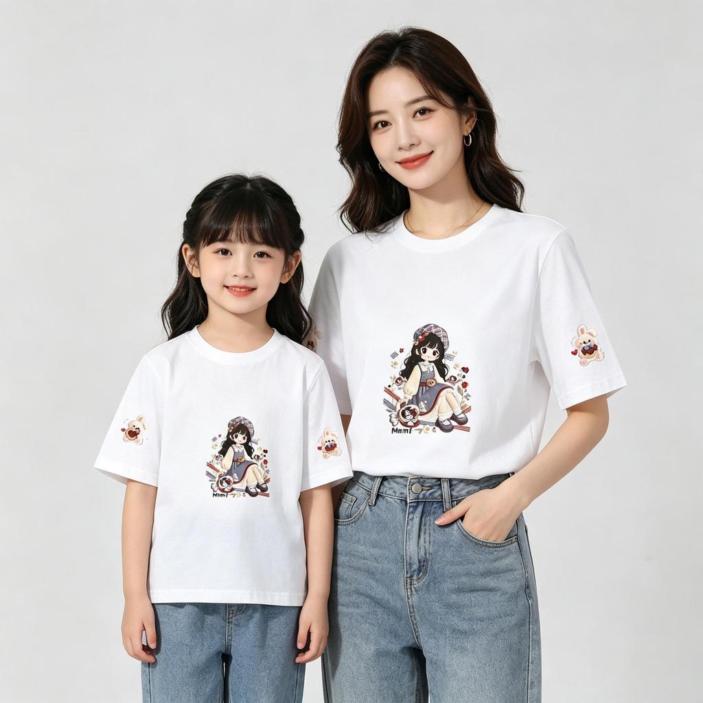 Passendes Herz-Print Baumwoll-T-Shirt für Mutter und Tochter - Kurzarm, Lockerer Schnitt