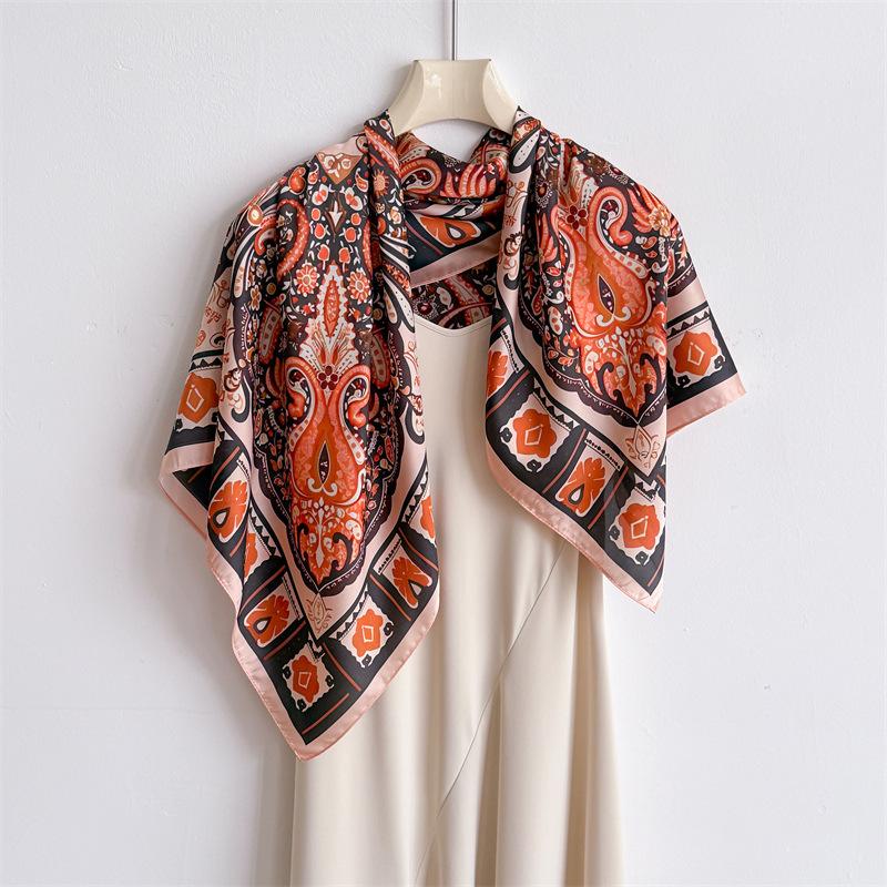 Exotic retro imitation silk high-end large square scarf silk scarf printed shawl decorative scarf sunscreen scarf headscarf scarf