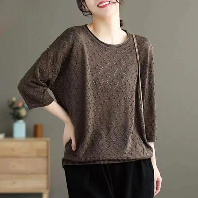 Plus Size Spring, Autumn and Summer Knitted Sunscreen Shirt T-shirt Women's Literary Retro Mid-sleeved Woolen Top
