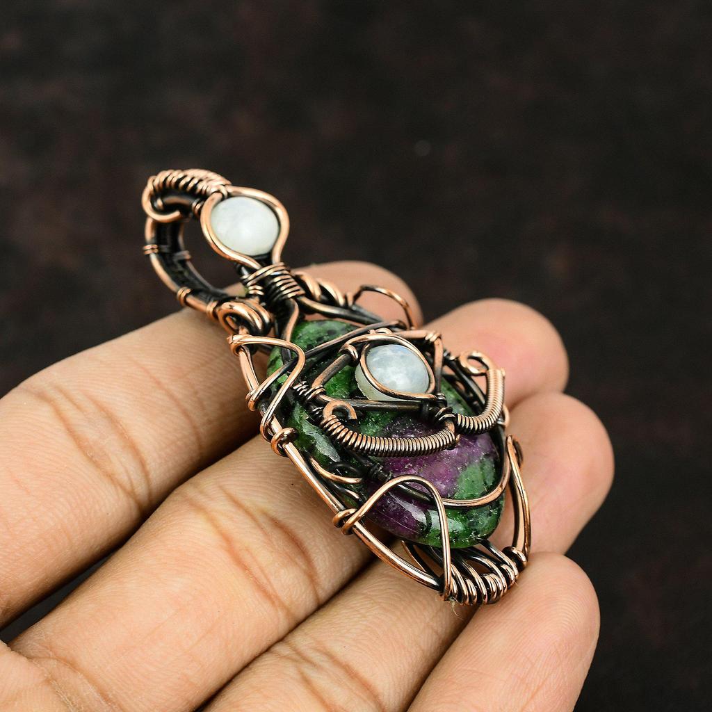 Evil Eye Ruby Zoisite Copper Wire Wrapped Pendant Gemstone Copper Jewelry Rainbow Moonstone Handmade Women Jewelry Evil Eye Jewelry For Gift