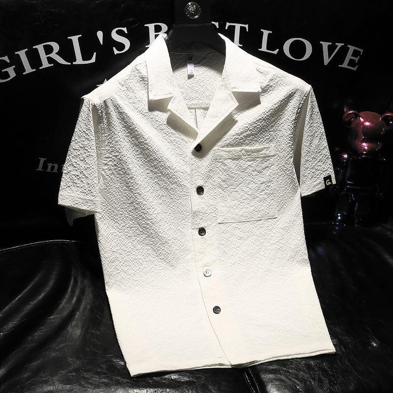 

Men s Textured Cuban Collar Pocket Short Sleeve Button Down Shirt Casual Streetwear Top M белый