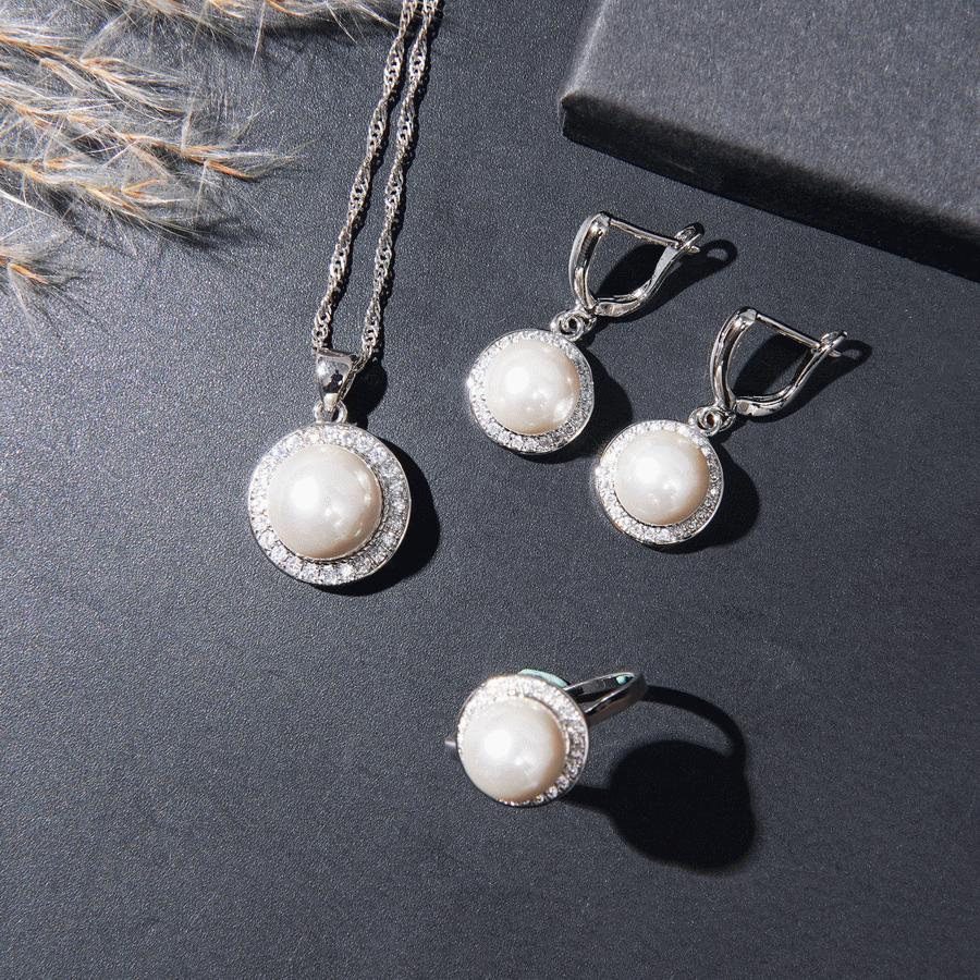 Sparkling For Women White Pearl Zirconia Jewelry Set, With Ring, Earrings, Pendant, Necklace Set, Bridal Wedding Christmas Gifts