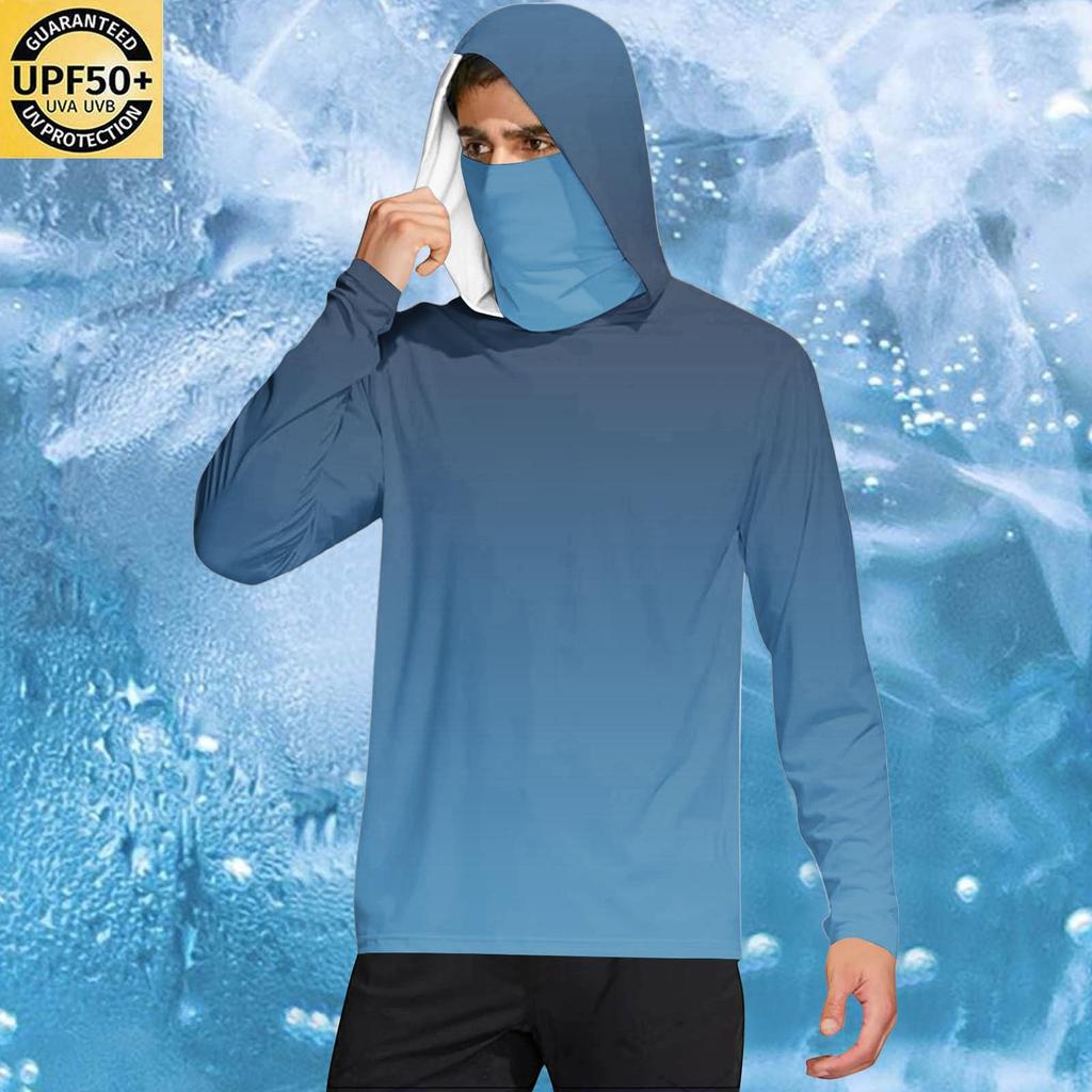 Men’s Casual Gradient Print Hooded Long Sleeve Sun Top Lightweight Pullover Loose Fit Outdoor Shirt