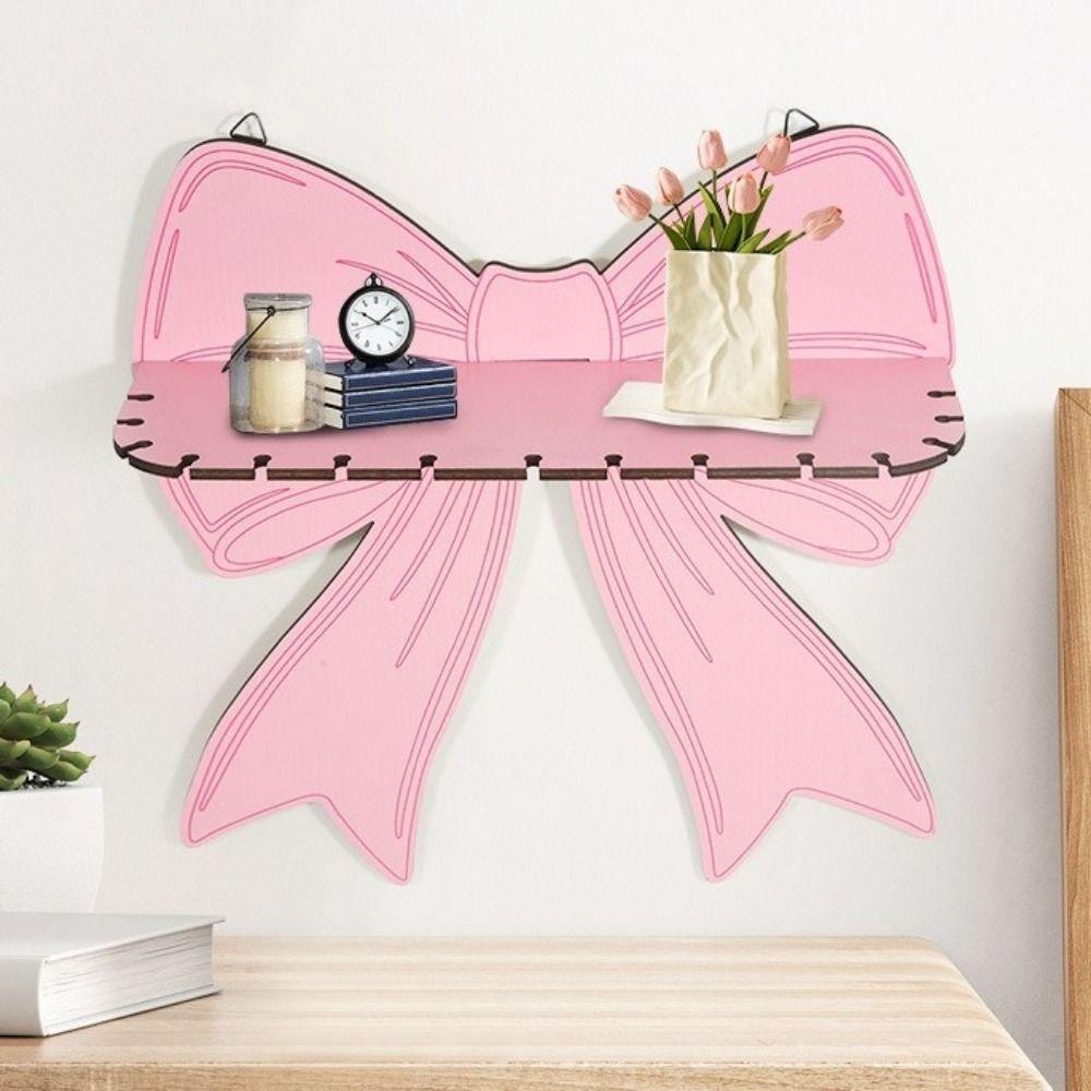 Pink Bow Wall Mounted Shelf Wooden Holder Wood Storage Rack Wall Storage Holder  Girls Room