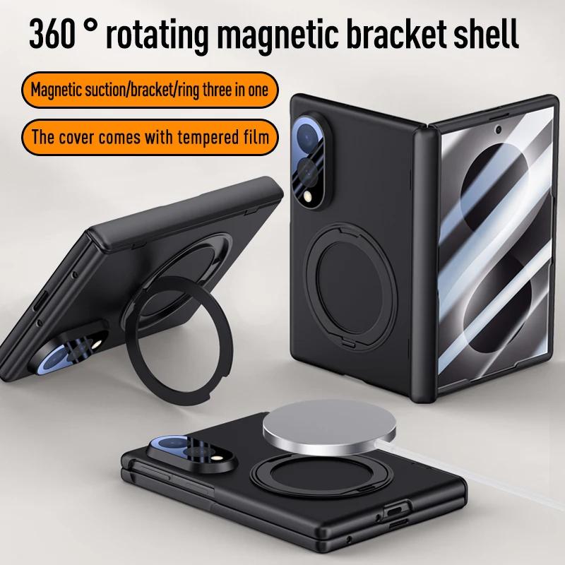 Für Samsung Galaxy Z Fold 8 Federgelenk Faltbare Hülle mit Magnetischem Ring Metallhalter Gehärtete Glasfolie Vollschutzhülle