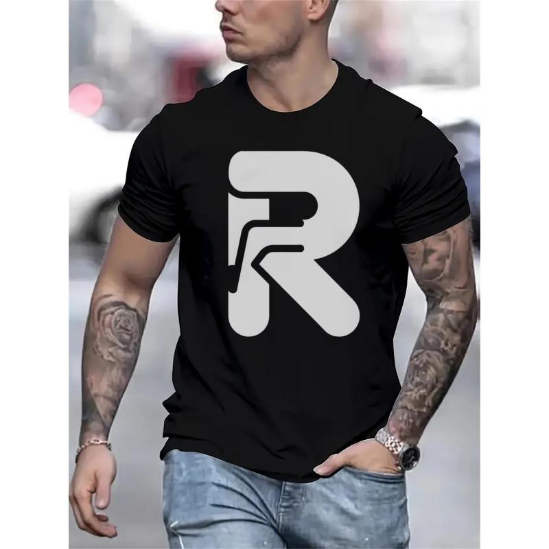 

European Size Men s Bold R Logo Graphic T-Shirt - Black Short Sleeve Crew Neck Casual Summer Tee, Regular Fit Machine Washable 4XL чорний
