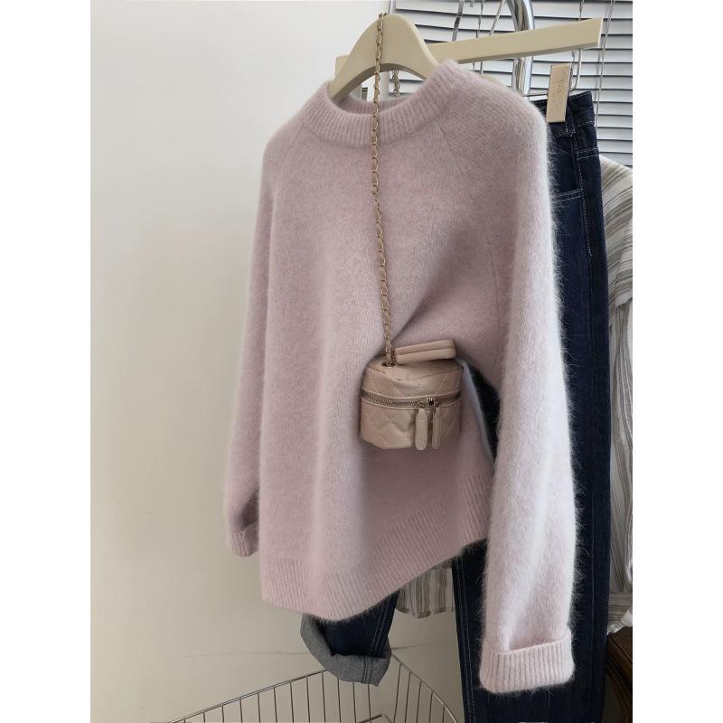 Heavyweight Cashmere Pink Women's Round Neck Long Sleeve Sweater