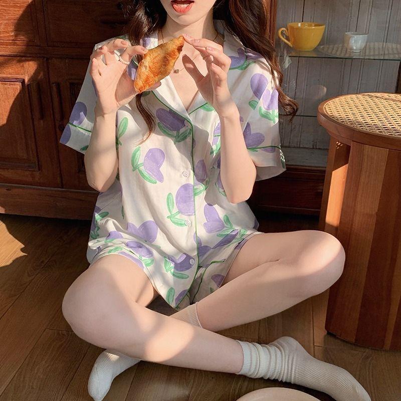 GMXIA High-quality Cotton-like Cute Cardigan Short-sleeved Student Pajamas for Women, Sweet Summer Style for Women's Home Wear