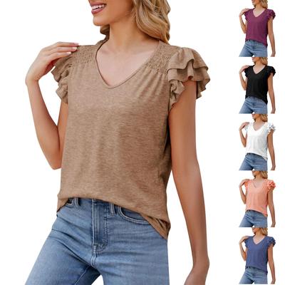 Women's Summer Tops Color V-Neck Pleated Short-Sleeved Casual Loose T-Shirt