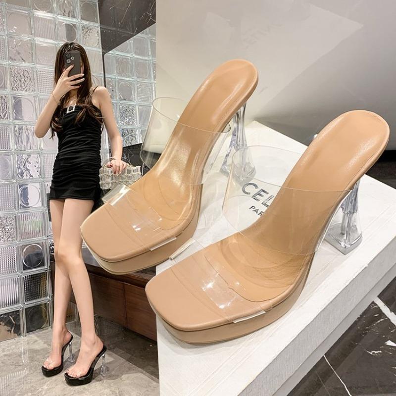 Sandali estivi da donna con tacco da 9 cm, pantofole in gelatina, sexy, aperte, punta quadrata, tacchi alti, pantofole trasparenti da donna, sandali trasparenti con tacco