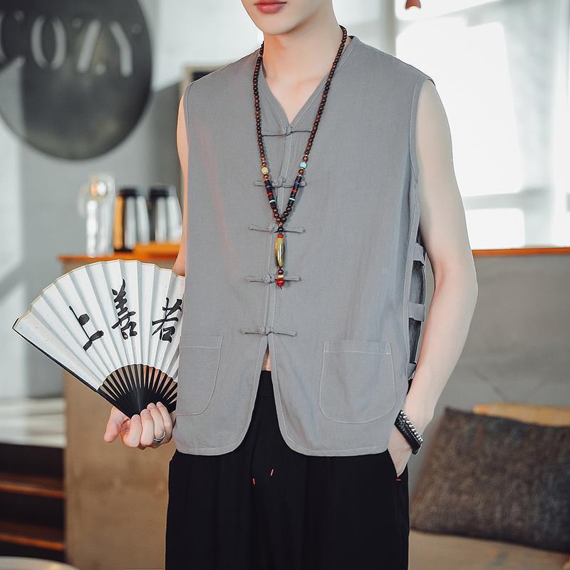 Men's Retro Linen-Cotton Sleeveless Waistcoat - Chinese Style Buttoned Vest