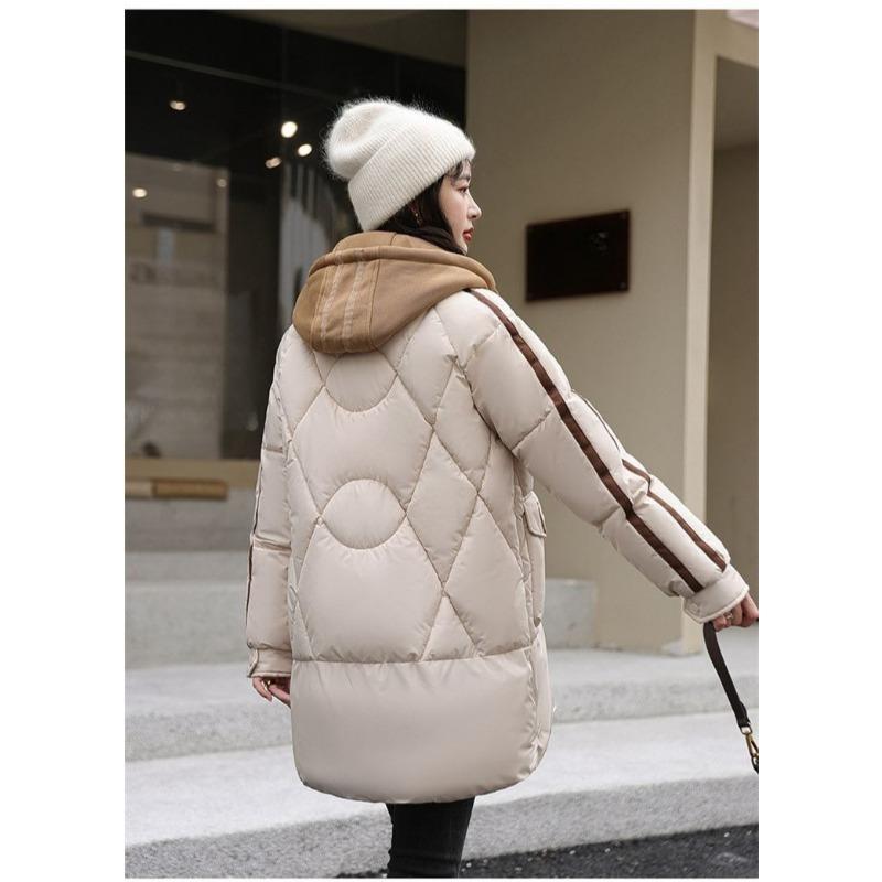Χαλαρό Ζεστό Χειμωνιάτικο Πουπουλένιο Βαμβακερό Παλτό Γυναικείο Μακρύ Μπουφάν με Γέμιση Ψεύτικο Δύο Κομματιών Χοντρό Χειμωνιάτικο Παλτό