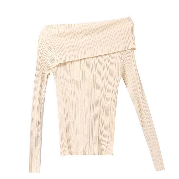 Women's Sexy One-Shoulder Long Sleeve Knitted Sweater - Slim Fit, Irregular Hem, Short Top for Autumn and Winter