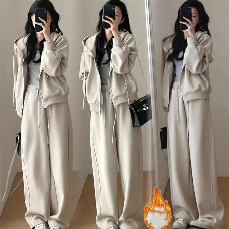 Women's Feminine Slimming & Youthful Casual Sports Set Long-Sleeve Hooded Sweatshirt + Wide-Leg Pants Two-Piece Set