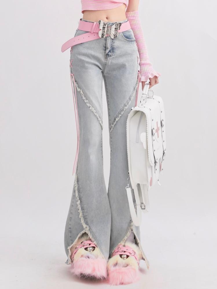 Letní Džínové Vintage Sladké Kalhoty Ženy Slim Šněrovací Korejské Ležérní Zvonové Kalhoty Dámské Japonské Francouzské Elegantní Rozparek Džíny Nové