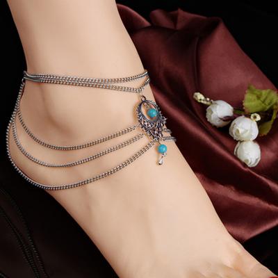Damen Boho Türkis Perlen Fußkettchen Quasten Ketten Knöchelarmband Fußschmuck