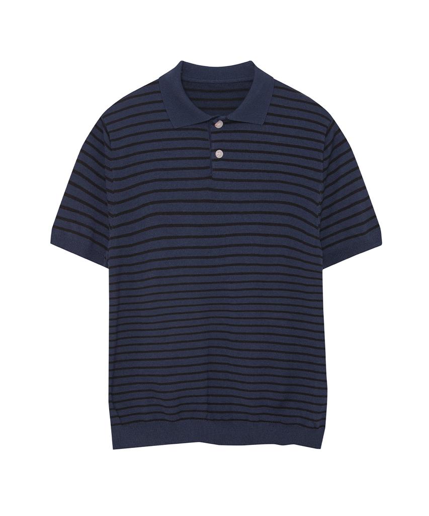 IRONYPORNO WHITELINE 86-Iro358 Color Stripe Button Collar Short Sleeve Knit Deep Navy