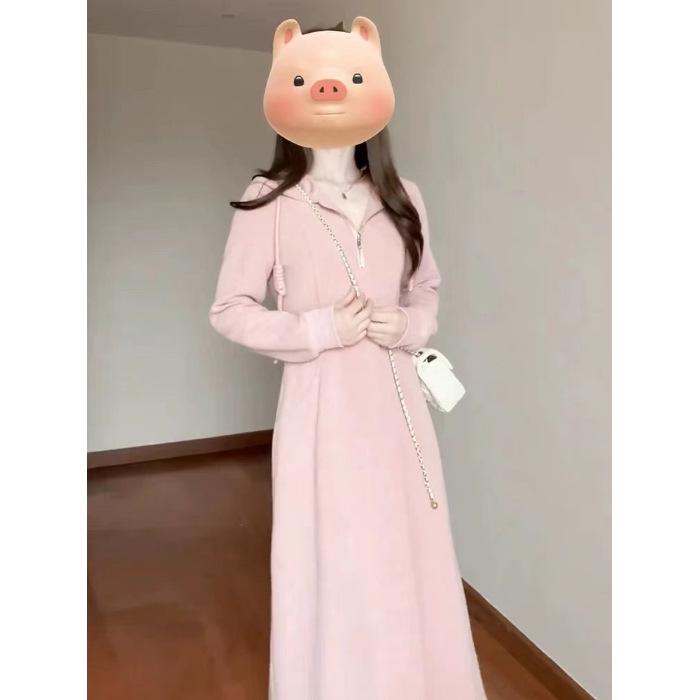 

Women s Korean Style Pink Knit Hoodie Dress - Autumn 2025 Mid-Length Skirt Outfit M рожевий