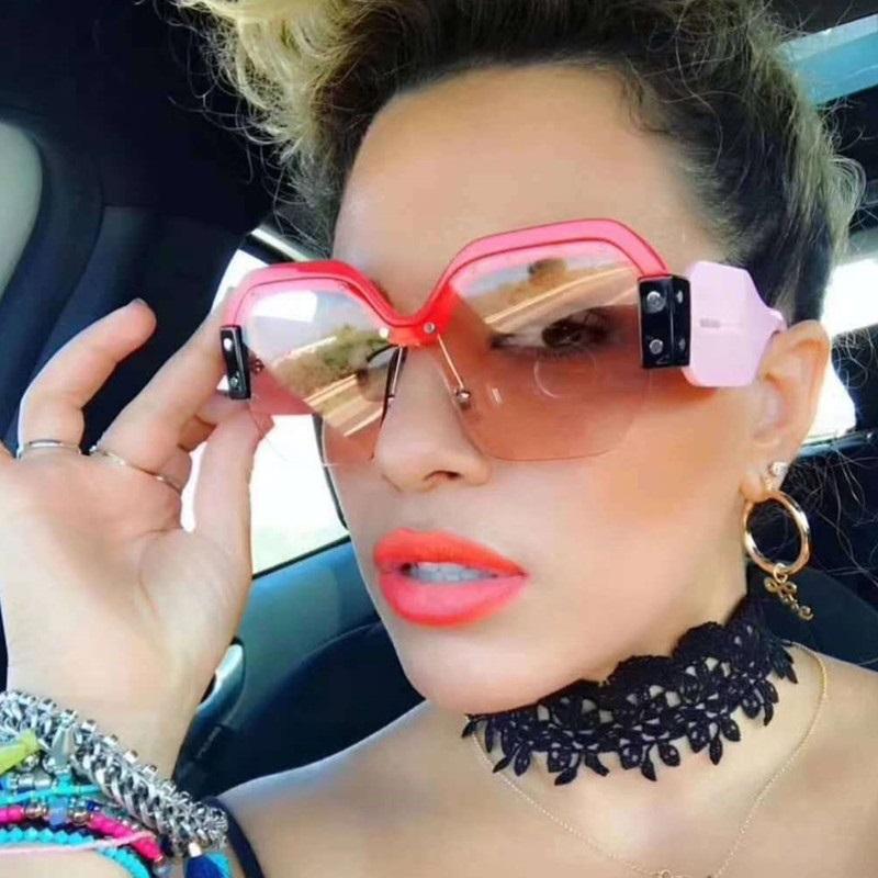 Women Vintage Square Sunglasses Rimless Oversized Big Wide Frame Men Luxury Brand Retro Lady Shades Uv400 Female