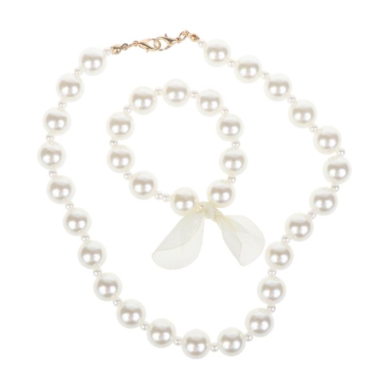 

2 шт. Милый набор украшений для девочек: ожерелье с подвеской из искусственного жемчуга и браслет. Детские украшения, наборы браслетов. Рождественские подарки 1