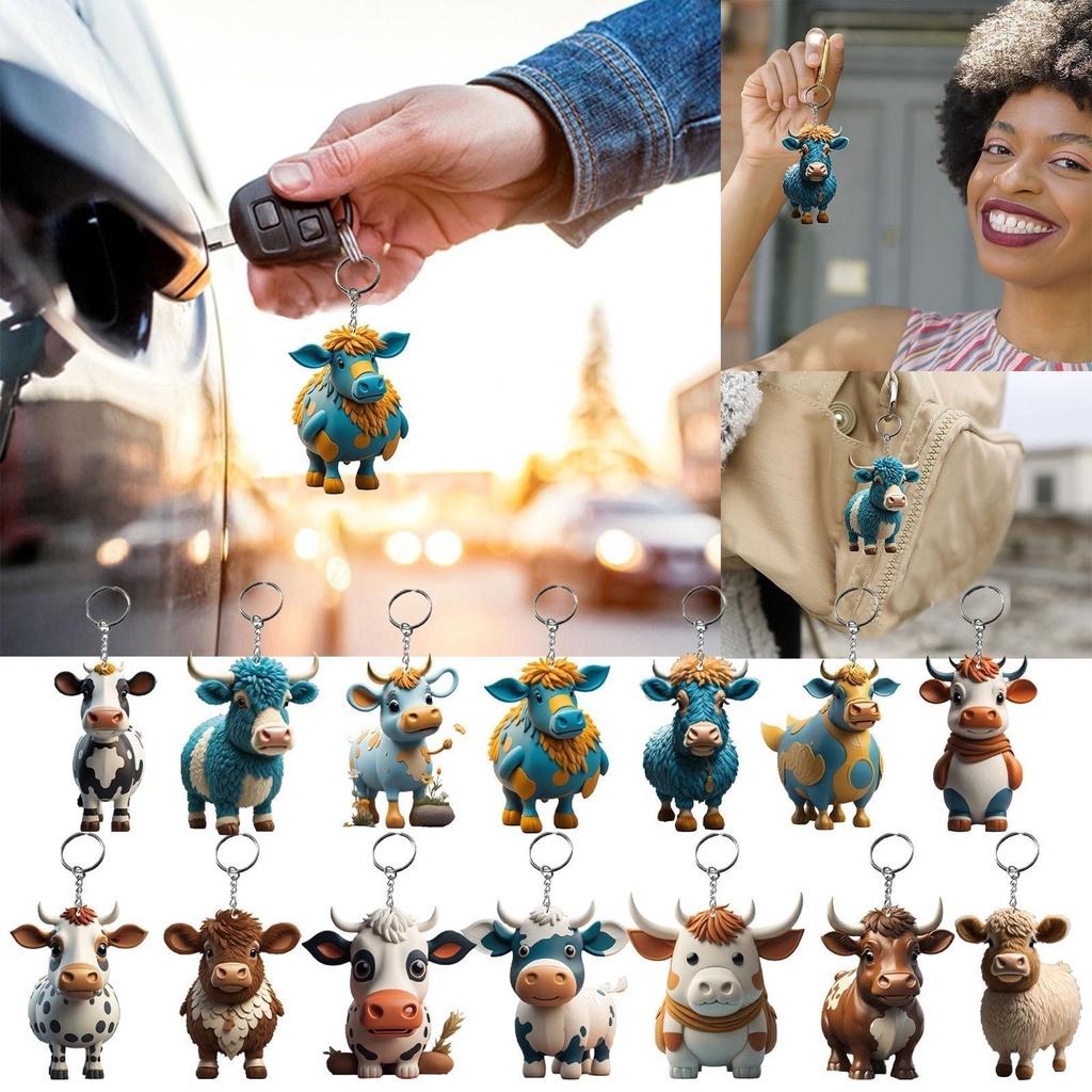 Cow Keychain Cartoon Acrylic Car Keyring Bull Backpacks Pendant Gifts Novelty