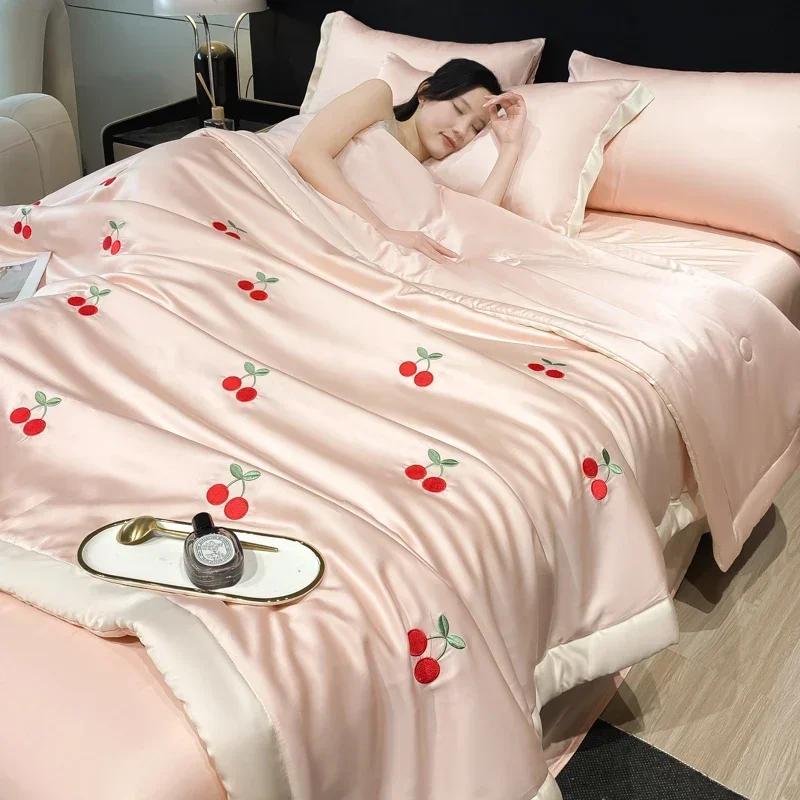 High-end Embroidered Spring Summer Quilt 4 Pcs Set or 3 Pcs Set or 1 Pcs Luxury Skin- Friendly Summer Blanket Lightweight Duvet