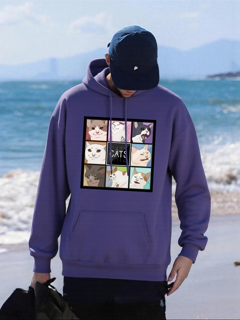 Cartoon Cat Nine Palace Grid Print Men Hoody Pocket Fleece Hoodie Autumn Multicolor Sportswear Oversized Hip Hop Male Pullover
