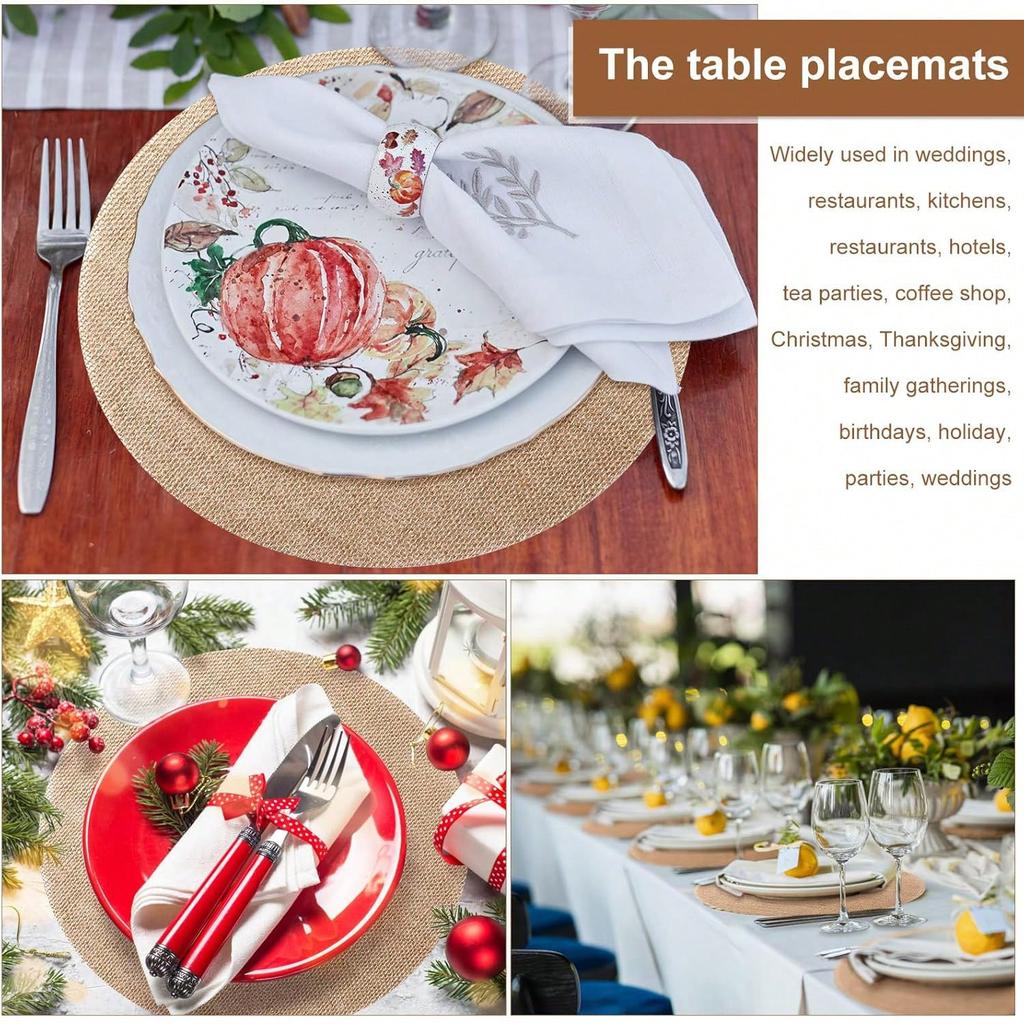Bohemian Burlap Round Placemats, Farmhouse Style Luxury Jute Table Mats, 12 Inch Diameter, Reusable, Wedding Table Decor Tableware Mats