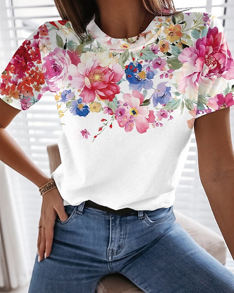

Colorful Flower Floral Butterfly 3D Print T-Shirts Women s Round-Neck Short Sleeve T Shirt Harajuku Tees Y2k Top Female Clothing S