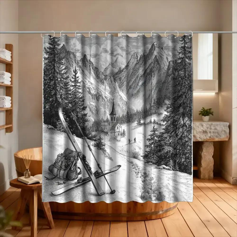 

1Pc Bathroom Shower Curtain, Ski Equipment Exhibition, Snow Sports Festival Shower Curtain, Includes 12 Hooks, 70.87*70.87Inch B W60H190(CM)-1 Pcs
