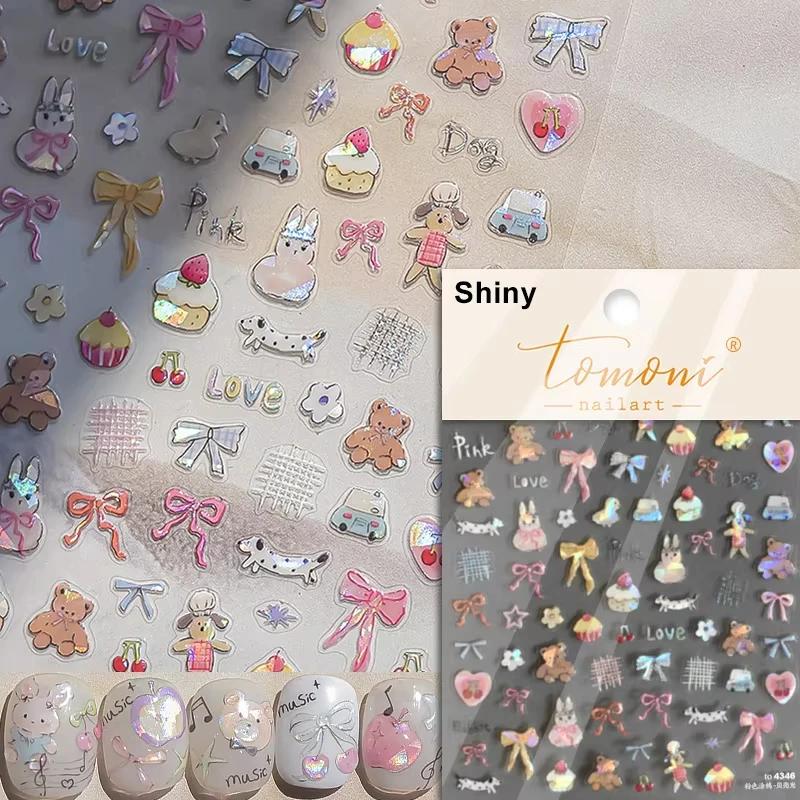 5D Cute Rabbit Love Peach Blossom Flower Yellow Nail Art Stickers Bowknot DIY Self Adhesive Rhinestone Manicure Decals