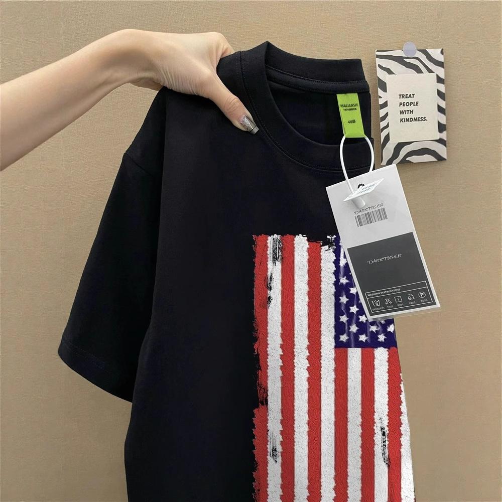 

European and American hiphop trendy brand high street black short-sleeved t-shirt men and women summer loose couple casual versatile pure cotton top m (recommended 40-52.5kg ) чёрный