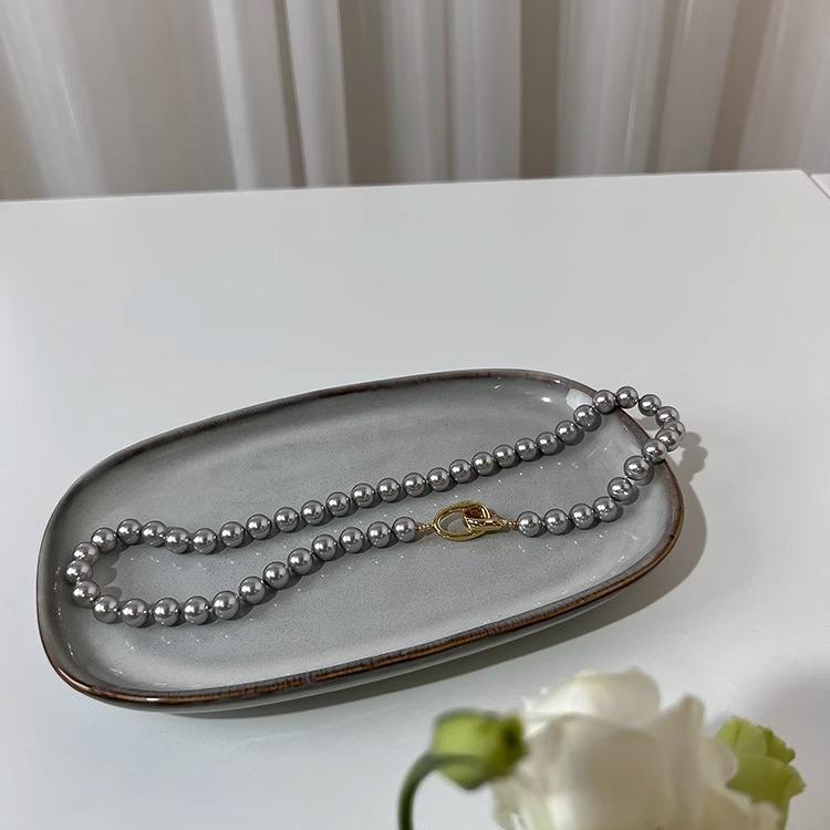 Silver Gray Pearl Necklace with Copper Buckle - 2024 Women's Sweater Chain, High-Grade Beaded Clavicle Chain